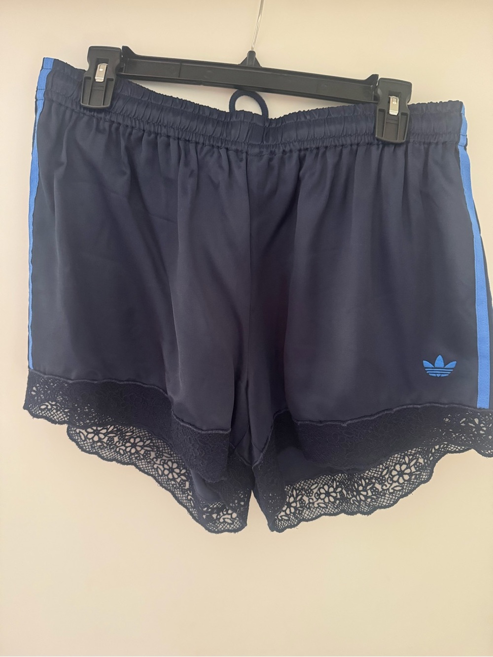 adidas Navy Satin Athletic Shorts with Light Blue Side Stripe and Lace Trim